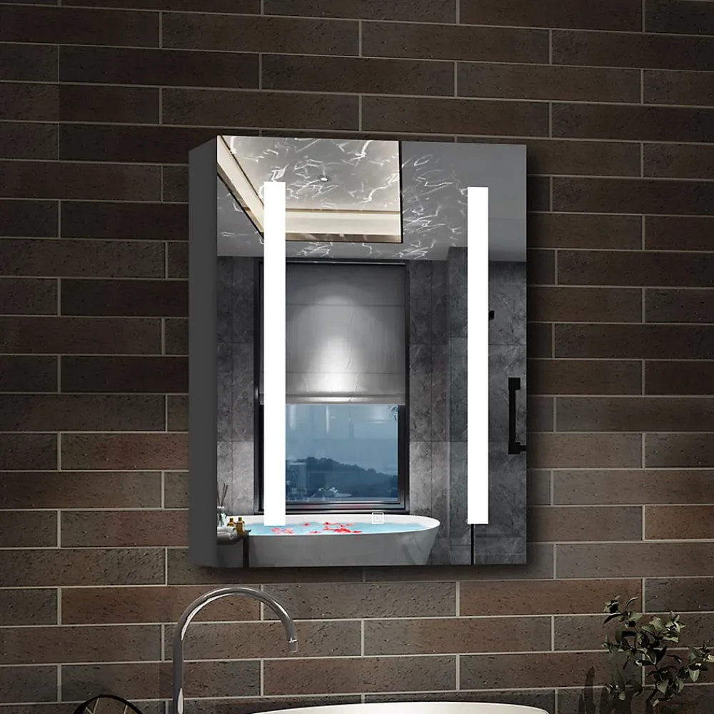 Armoire De Toilette|AICA Sanitaire Armoire de toilette avec Miroir LED Anti-Buée, Éclairage 3 Couleurs et Prise Rasoir, Anthracite, 50x70 cm,