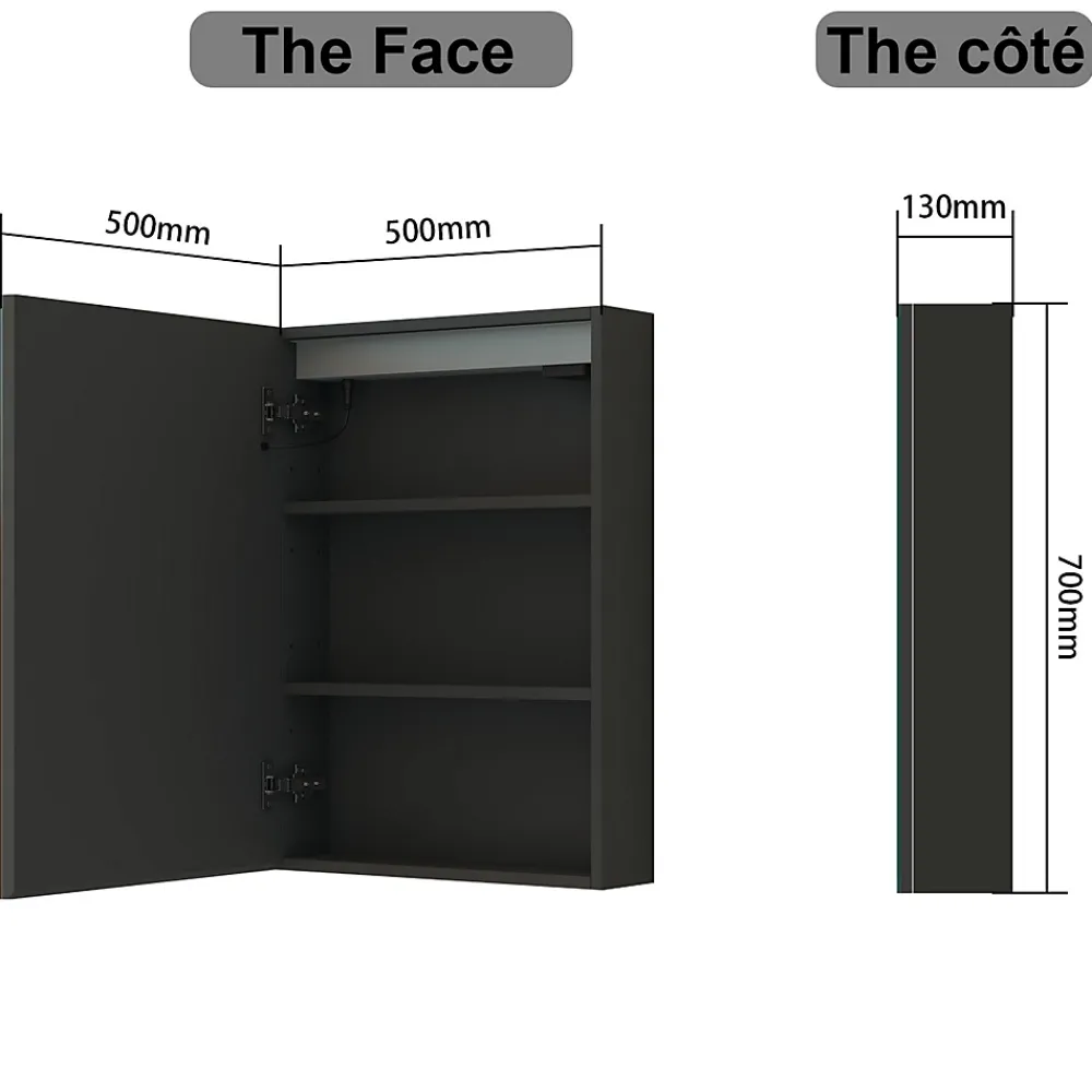 Armoire De Toilette|AICA Sanitaire Armoire de toilette avec Miroir LED Anti-Buée, Éclairage 3 Couleurs et Prise Rasoir, Anthracite, 50x70 cm,