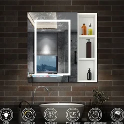 AICA Sanitaire Armoire de toilette avec Miroir LED et Étagère Latérale, Anti-Buée, Éclairage 3 Couleurs + Prise USB, Blanc 80x70 cm