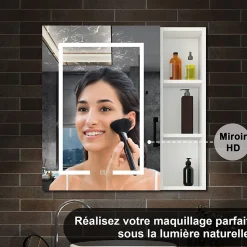 AICA Sanitaire Armoire de toilette avec Miroir LED et Étagère Latérale, Anti-Buée, Éclairage 3 Couleurs + Prise USB, Blanc 80x70 cm