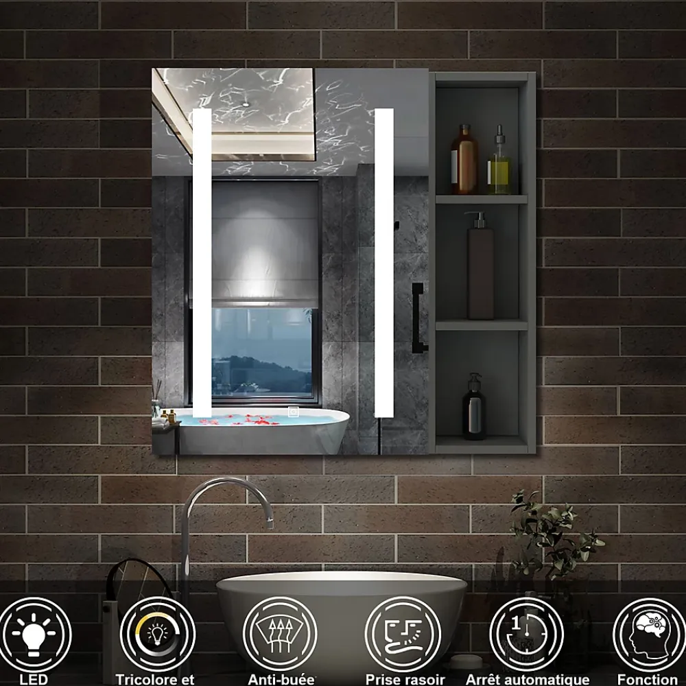 AICA Sanitaire Armoire de toilette avec Miroir LED et Étagère Latérale, Anti-Buée, Éclairage 3 Couleurs + Prise, Anthracite 80x70 cm