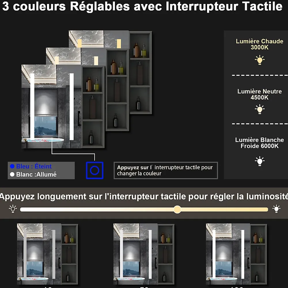 AICA Sanitaire Armoire de toilette avec Miroir LED et Étagère Latérale, Anti-Buée, Éclairage 3 Couleurs + Prise, Anthracite 80x70 cm