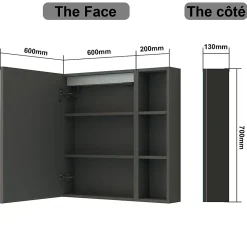 AICA Sanitaire Armoire de toilette avec Miroir LED et Étagère Latérale, Anti-Buée, Éclairage 3 Couleurs + Prise, Anthracite 80x70 cm