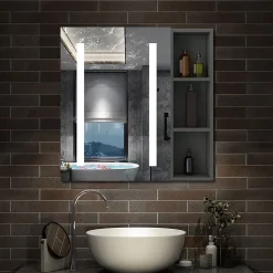 AICA Sanitaire Armoire de toilette avec Miroir LED et Étagère Latérale, Anti-Buée, Éclairage 3 Couleurs + Prise, Anthracite 60x70 cm