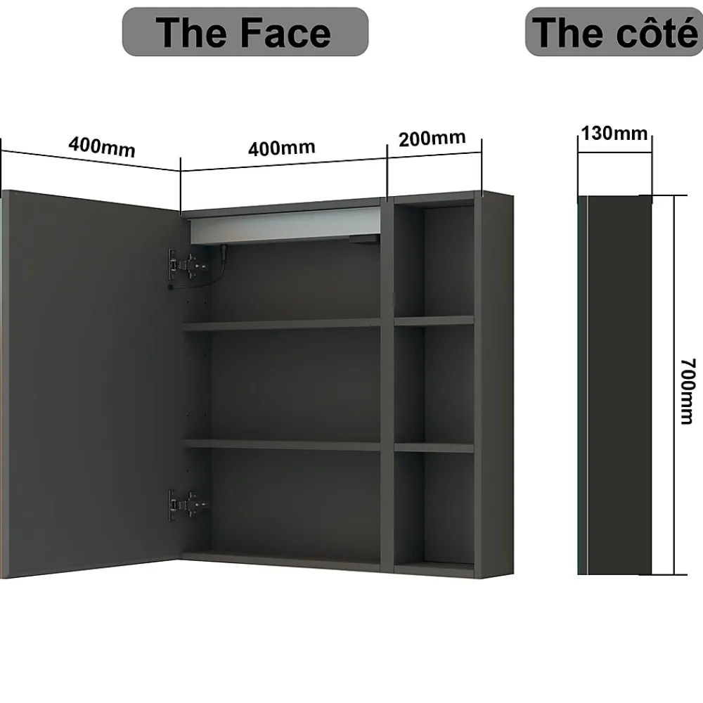 AICA Sanitaire Armoire de toilette avec Miroir LED et Étagère Latérale, Anti-Buée, Éclairage 3 Couleurs + Prise, Anthracite 60x70 cm