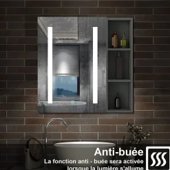 AICA Sanitaire Armoire de toilette avec Miroir LED et Étagère Latérale, Anti-Buée, Éclairage 3 Couleurs + Prise, Anthracite 60x70 cm
