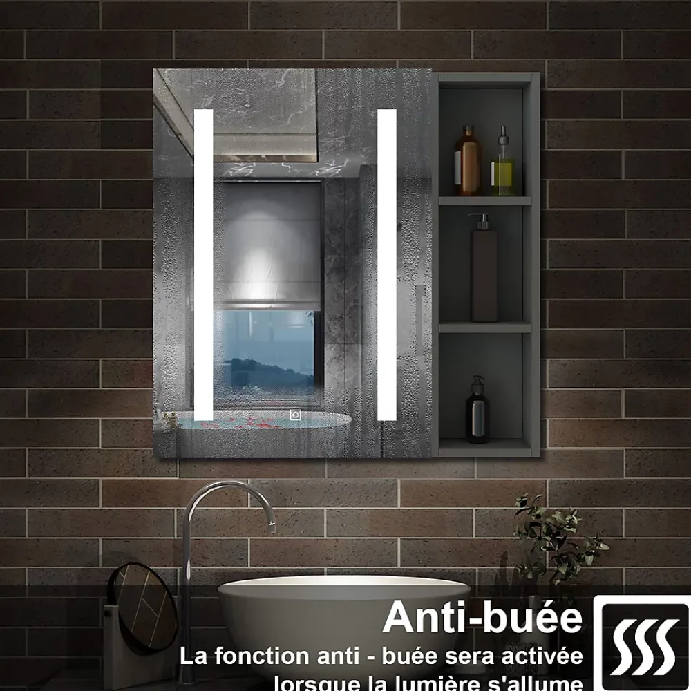 AICA Sanitaire Armoire de toilette avec Miroir LED et Étagère Latérale, Anti-Buée, Éclairage 3 Couleurs + Prise, Anthracite 60x70 cm