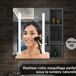 AICA Sanitaire Armoire de toilette avec Miroir LED et Étagère Latérale, Anti-Buée, Éclairage 3 Couleurs + Prise, Anthracite 60x70 cm