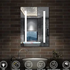 Armoire De Toilette|AICA Sanitaire Armoire de toilette avec Miroir LED Anti-Buée, Éclairage 3 Couleurs et Prise Rasoir, Anthracite, 60x70 cm,