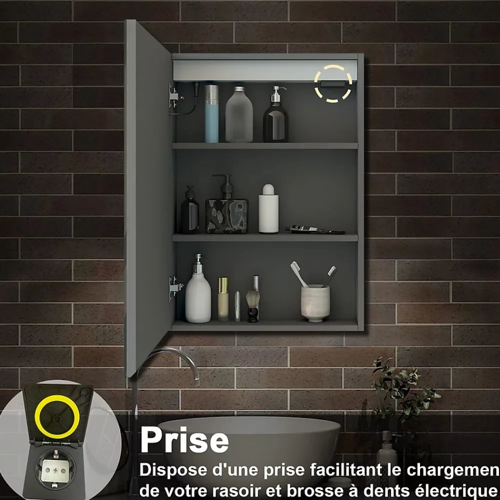 Armoire De Toilette|AICA Sanitaire Armoire de toilette avec Miroir LED Anti-Buée, Éclairage 3 Couleurs et Prise Rasoir, Anthracite, 60x70 cm,