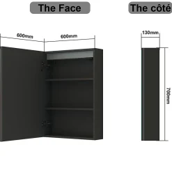 Armoire De Toilette|AICA Sanitaire Armoire de toilette avec Miroir LED Anti-Buée, Éclairage 3 Couleurs et Prise Rasoir, Anthracite, 60x70 cm,