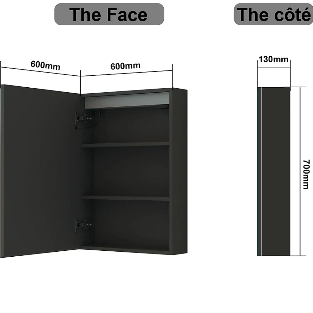 Armoire De Toilette|AICA Sanitaire Armoire de toilette avec Miroir LED Anti-Buée, Éclairage 3 Couleurs et Prise Rasoir, Anthracite, 60x70 cm,