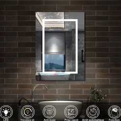AICA Sanitaire Armoire de toilette avec Miroir LED Anti-Buée, Blanc 60x70 cm, Éclairage 3 Couleurs et Prise Rasoir,