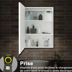 AICA Sanitaire Armoire de toilette avec Miroir LED Anti-Buée, Blanc 60x70 cm, Éclairage 3 Couleurs et Prise Rasoir,