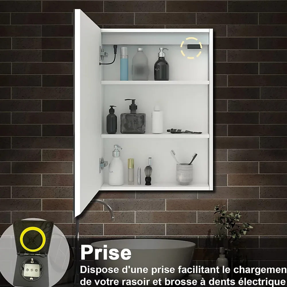 AICA Sanitaire Armoire de toilette avec Miroir LED Anti-Buée, Blanc 60x70 cm, Éclairage 3 Couleurs et Prise Rasoir,