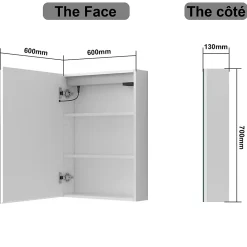 AICA Sanitaire Armoire de toilette avec Miroir LED Anti-Buée, Blanc 60x70 cm, Éclairage 3 Couleurs et Prise Rasoir,