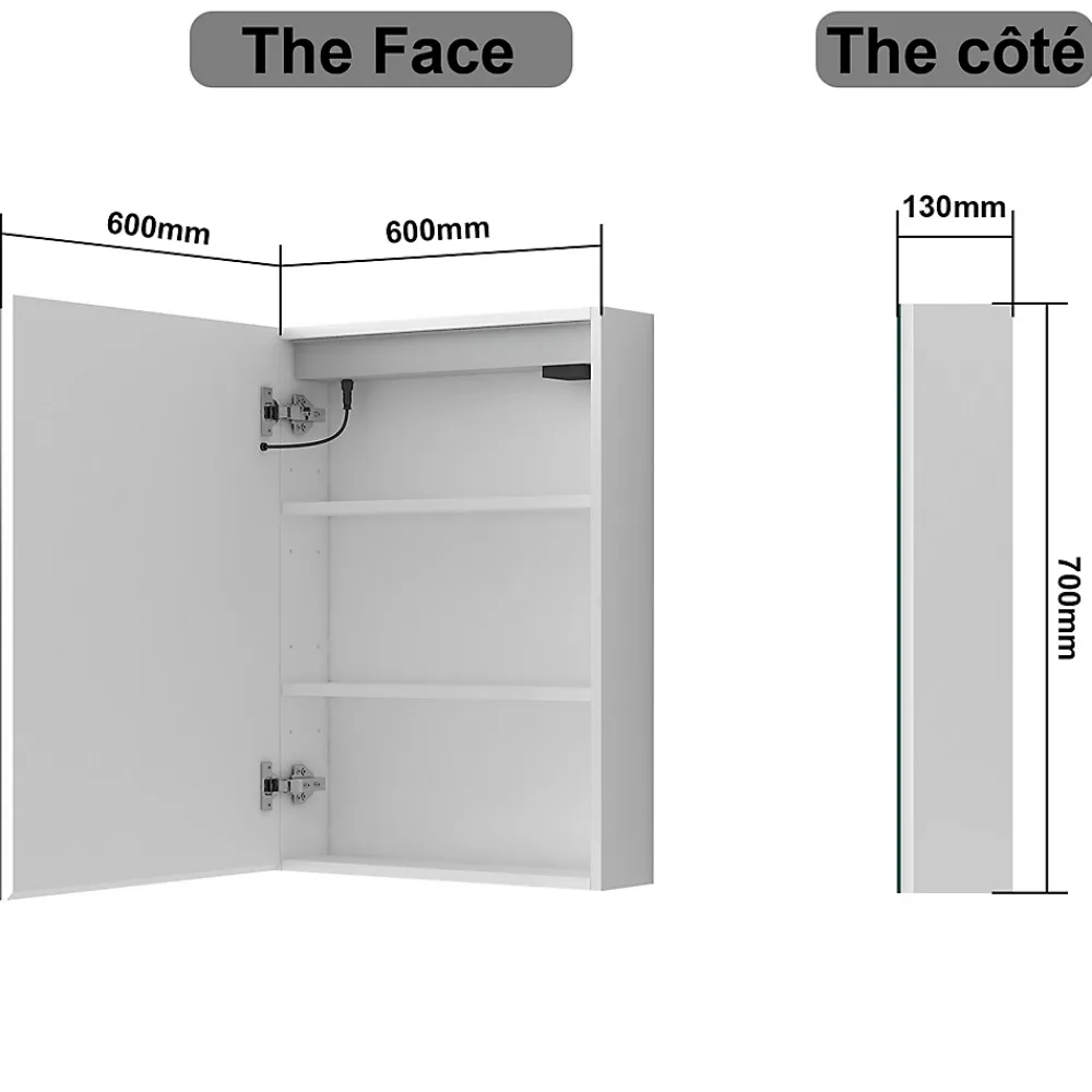 AICA Sanitaire Armoire de toilette avec Miroir LED Anti-Buée, Blanc 60x70 cm, Éclairage 3 Couleurs et Prise Rasoir,