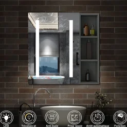 Armoire De Toilette|AICA Sanitaire Armoire de toilette avec Miroir LED et Étagère Latérale, Anti-Buée, Éclairage 3 Couleurs + Prise, Anthracite 70x70 cm