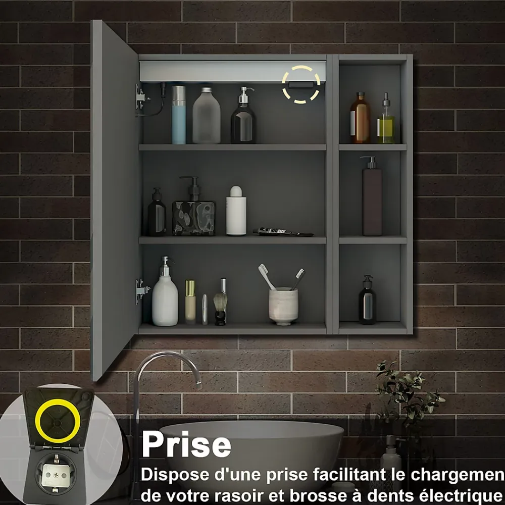 Armoire De Toilette|AICA Sanitaire Armoire de toilette avec Miroir LED et Étagère Latérale, Anti-Buée, Éclairage 3 Couleurs + Prise, Anthracite 70x70 cm