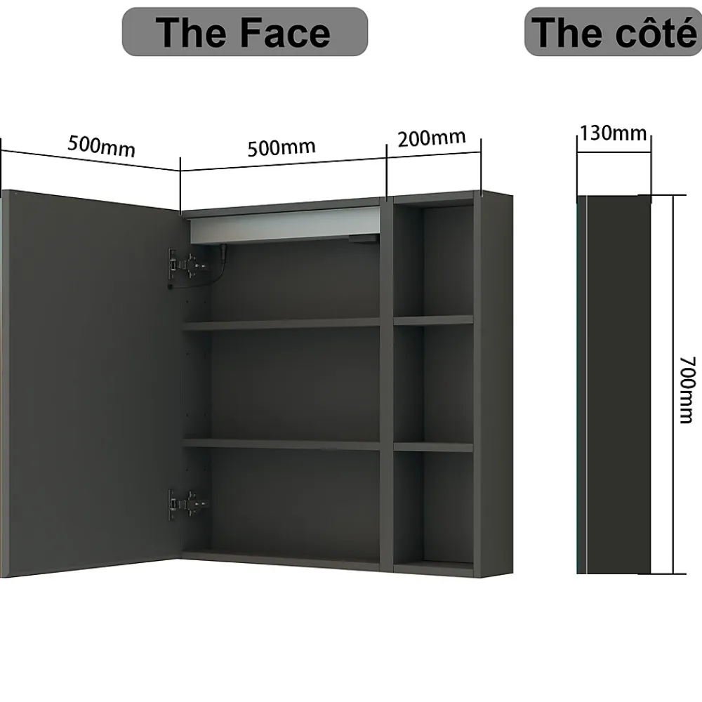 Armoire De Toilette|AICA Sanitaire Armoire de toilette avec Miroir LED et Étagère Latérale, Anti-Buée, Éclairage 3 Couleurs + Prise, Anthracite 70x70 cm