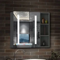 Armoire De Toilette|AICA Sanitaire Armoire de toilette avec Miroir LED et Étagère Latérale, Anti-Buée, Éclairage 3 Couleurs + Prise, Anthracite 70x70 cm