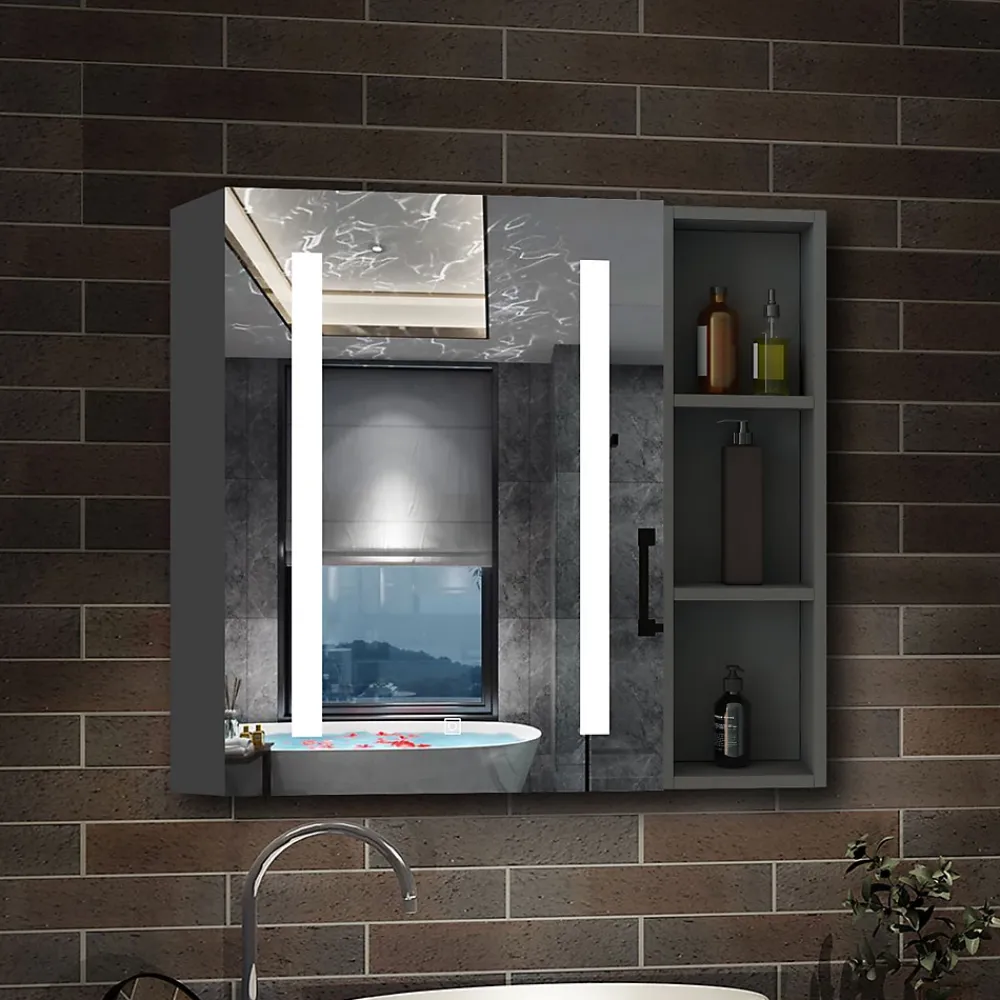 Armoire De Toilette|AICA Sanitaire Armoire de toilette avec Miroir LED et Étagère Latérale, Anti-Buée, Éclairage 3 Couleurs + Prise, Anthracite 70x70 cm