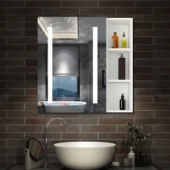 Armoire De Toilette|AICA Sanitaire Armoire de toilette avec Miroir LED et Étagère Latérale, Anti-Buée, Éclairage 3 Couleurs + Prise, Blanc 60x70 cm