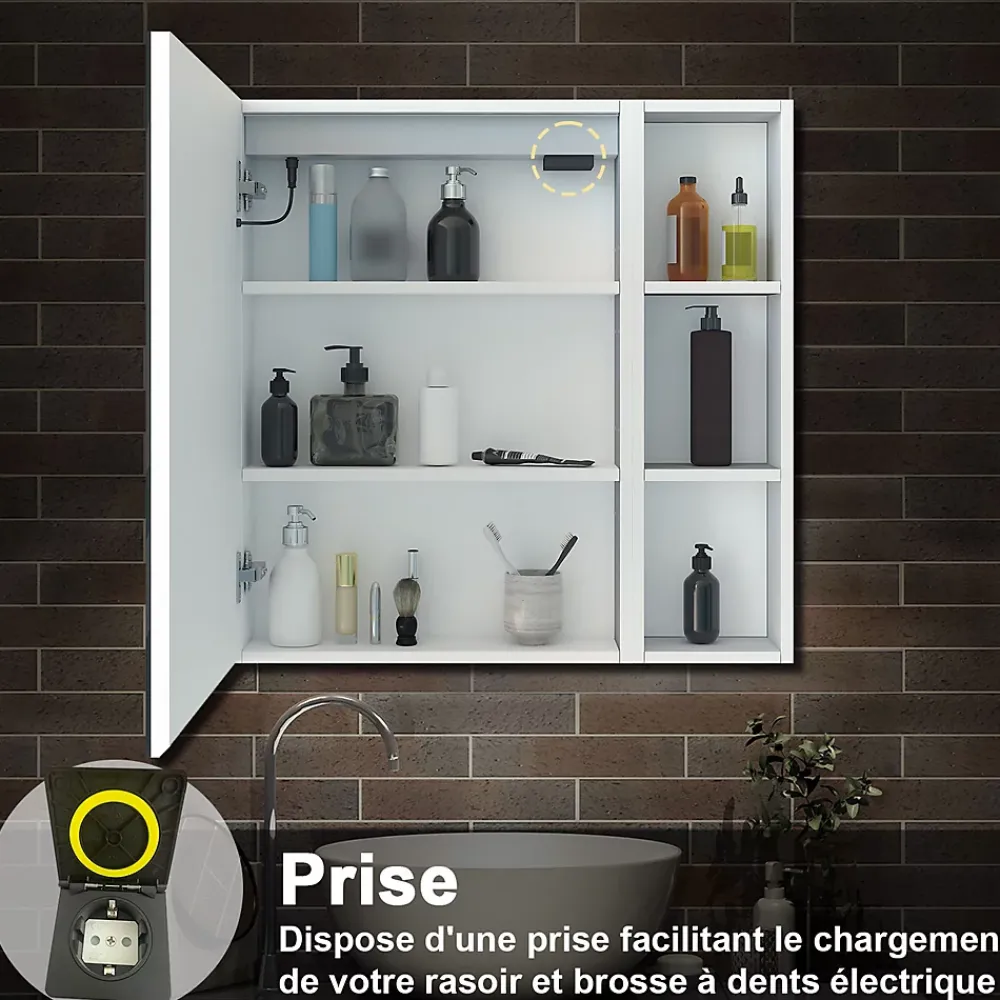 Armoire De Toilette|AICA Sanitaire Armoire de toilette avec Miroir LED et Étagère Latérale, Anti-Buée, Éclairage 3 Couleurs + Prise, Blanc 60x70 cm