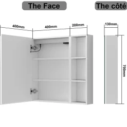 Armoire De Toilette|AICA Sanitaire Armoire de toilette avec Miroir LED et Étagère Latérale, Anti-Buée, Éclairage 3 Couleurs + Prise, Blanc 60x70 cm