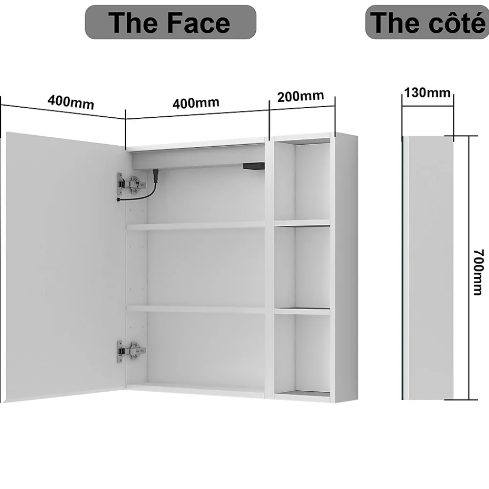 Armoire De Toilette|AICA Sanitaire Armoire de toilette avec Miroir LED et Étagère Latérale, Anti-Buée, Éclairage 3 Couleurs + Prise, Blanc 60x70 cm