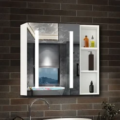 Armoire De Toilette|AICA Sanitaire Armoire de toilette avec Miroir LED et Étagère Latérale, Anti-Buée, Éclairage 3 Couleurs + Prise, Blanc 60x70 cm