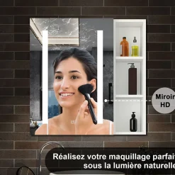 Armoire De Toilette|AICA Sanitaire Armoire de toilette avec Miroir LED et Étagère Latérale, Anti-Buée, Éclairage 3 Couleurs + Prise, Blanc 60x70 cm