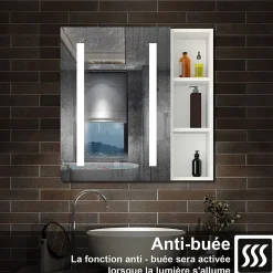 Armoire De Toilette|AICA Sanitaire Armoire de toilette avec Miroir LED et Étagère Latérale, Anti-Buée, Éclairage 3 Couleurs + Prise, Blanc 80x70 cm
