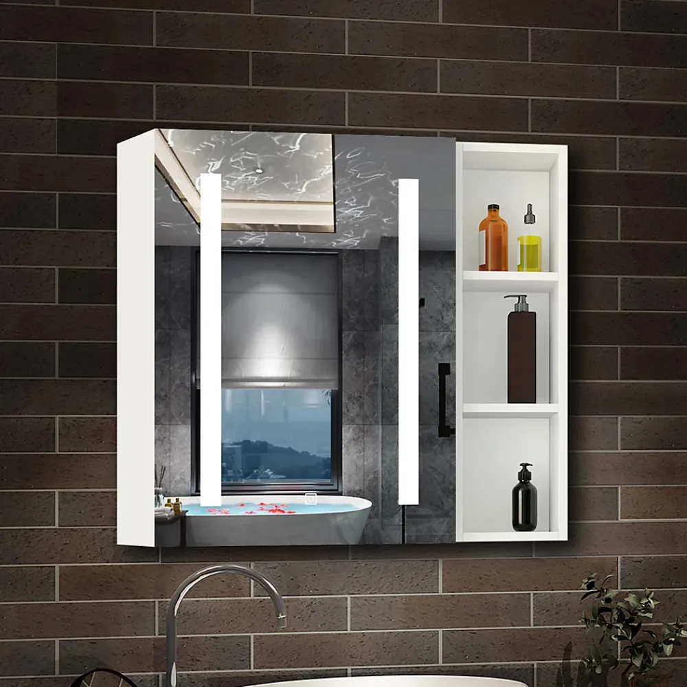 Armoire De Toilette|AICA Sanitaire Armoire de toilette avec Miroir LED et Étagère Latérale, Anti-Buée, Éclairage 3 Couleurs + Prise, Blanc 80x70 cm