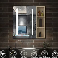Armoire De Toilette|AICA Sanitaire Armoire de toilette avec Miroir LED et Étagère Latérale, Anti-Buée, Éclairage 3 Couleurs + Prise, Chêne 60x70 cm