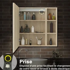 Armoire De Toilette|AICA Sanitaire Armoire de toilette avec Miroir LED et Étagère Latérale, Anti-Buée, Éclairage 3 Couleurs + Prise, Chêne 60x70 cm