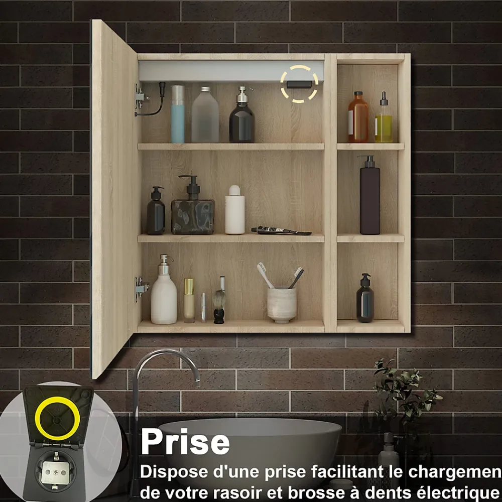 Armoire De Toilette|AICA Sanitaire Armoire de toilette avec Miroir LED et Étagère Latérale, Anti-Buée, Éclairage 3 Couleurs + Prise, Chêne 60x70 cm