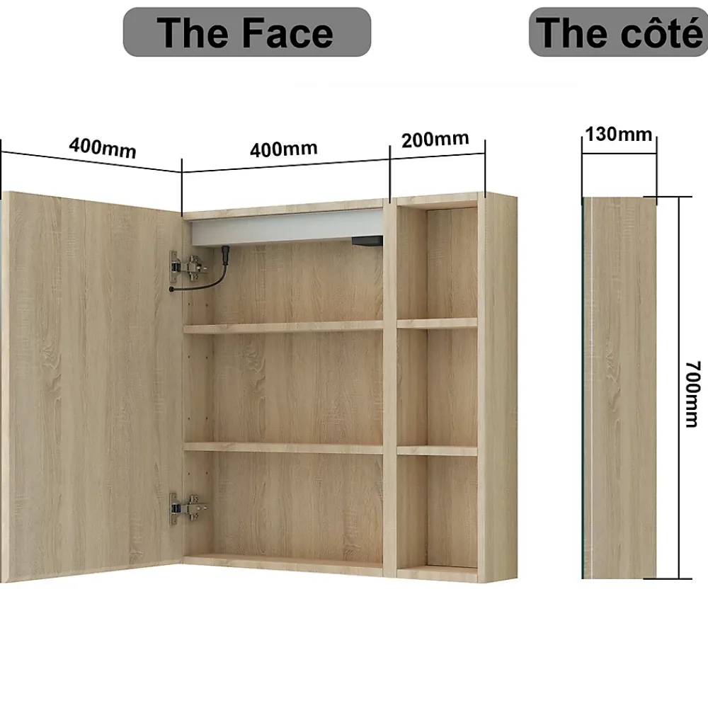 Armoire De Toilette|AICA Sanitaire Armoire de toilette avec Miroir LED et Étagère Latérale, Anti-Buée, Éclairage 3 Couleurs + Prise, Chêne 60x70 cm