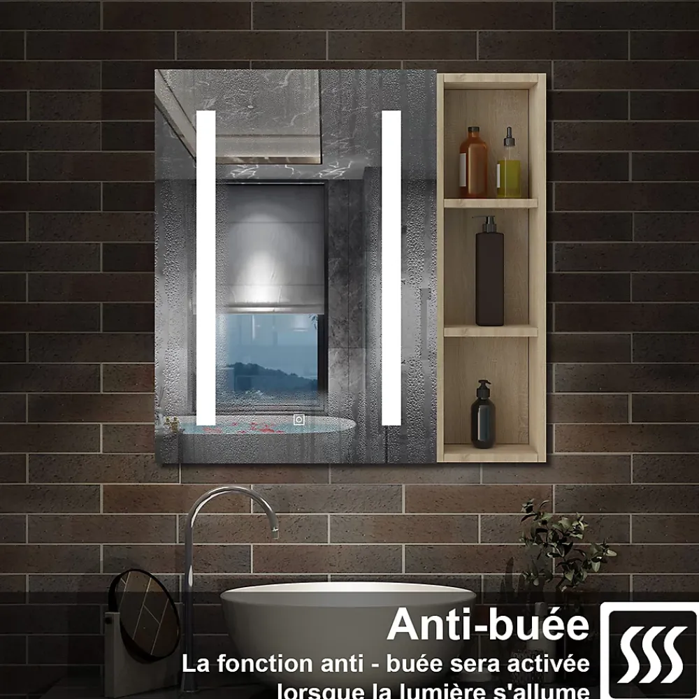 Armoire De Toilette|AICA Sanitaire Armoire de toilette avec Miroir LED et Étagère Latérale, Anti-Buée, Éclairage 3 Couleurs + Prise, Chêne 60x70 cm