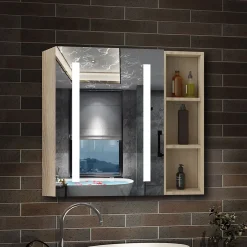 Armoire De Toilette|AICA Sanitaire Armoire de toilette avec Miroir LED et Étagère Latérale, Anti-Buée, Éclairage 3 Couleurs + Prise, Chêne 60x70 cm