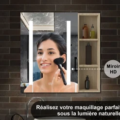 Armoire De Toilette|AICA Sanitaire Armoire de toilette avec Miroir LED et Étagère Latérale, Anti-Buée, Éclairage 3 Couleurs + Prise, Chêne 60x70 cm