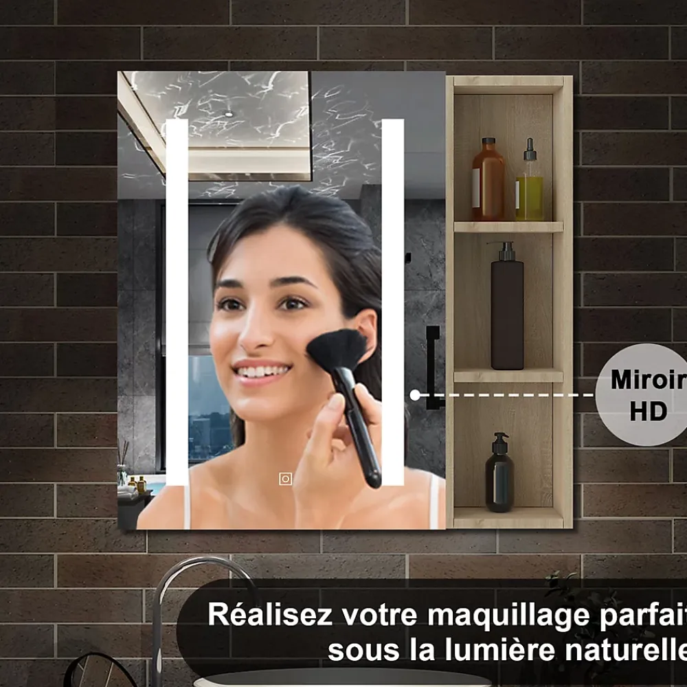 Armoire De Toilette|AICA Sanitaire Armoire de toilette avec Miroir LED et Étagère Latérale, Anti-Buée, Éclairage 3 Couleurs + Prise, Chêne 60x70 cm