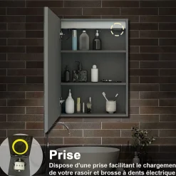 AICA Sanitaire Armoire de toilette avec Miroir LED Anti-Buée, Anthracite 50x70 cm, Éclairage 3 Couleurs et Prise Rasoir,