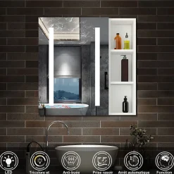 Armoire De Toilette|AICA Sanitaire Armoire de toilette avec Miroir LED et Étagère Latérale, Anti-Buée, Éclairage 3 Couleurs + Prise, Blanc 70x70 cm