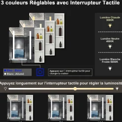 Armoire De Toilette|AICA Sanitaire Armoire de toilette avec Miroir LED et Étagère Latérale, Anti-Buée, Éclairage 3 Couleurs + Prise, Blanc 70x70 cm