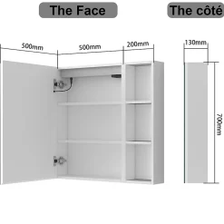 Armoire De Toilette|AICA Sanitaire Armoire de toilette avec Miroir LED et Étagère Latérale, Anti-Buée, Éclairage 3 Couleurs + Prise, Blanc 70x70 cm
