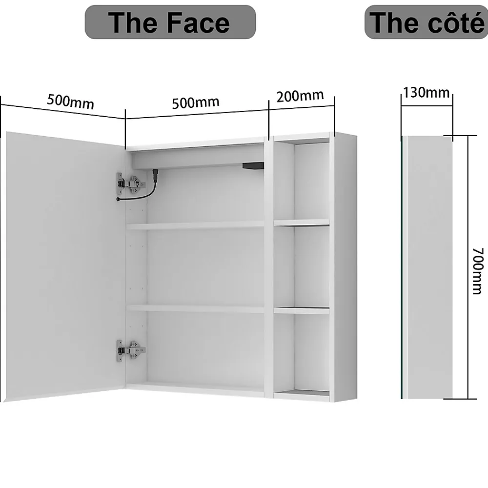Armoire De Toilette|AICA Sanitaire Armoire de toilette avec Miroir LED et Étagère Latérale, Anti-Buée, Éclairage 3 Couleurs + Prise, Blanc 70x70 cm