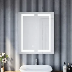 Armoire De Toilette|Sirhona Armoire de toilette en Acier Inoxydable Miroir double 60x70 cm Interrupteur tactile LED + Prise rasoir + Grand rangement