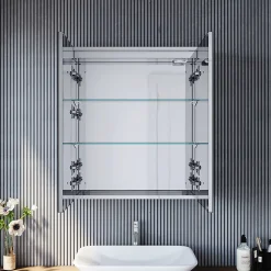 Armoire De Toilette|Sirhona Armoire de toilette en Acier Inoxydable Miroir double 60x70 cm Interrupteur tactile LED + Prise rasoir + Grand rangement