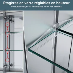 Sirhona Armoire de toilette en aluminium LED 650 x 600 x 130mm Meuble de rangement pour salle de bain Smart Interrupteurs tactiles